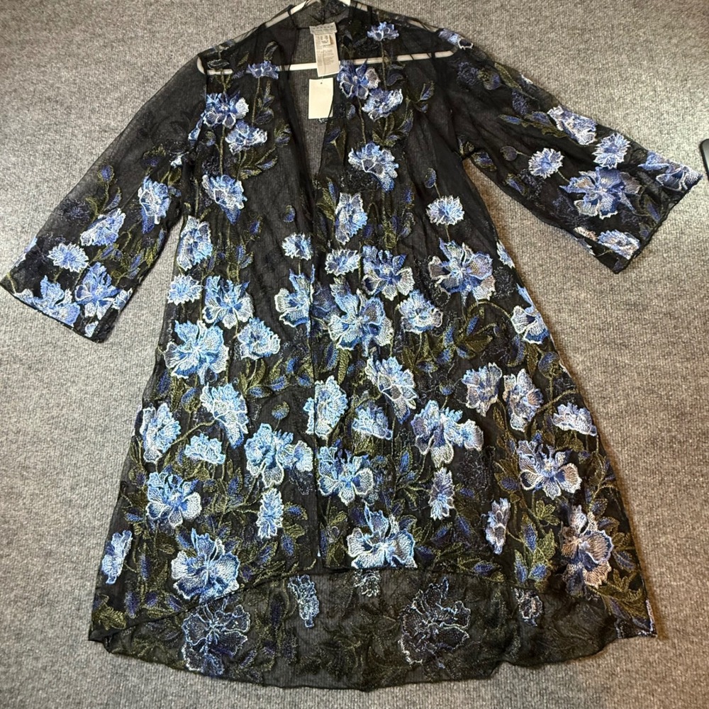 Susan Graver Black Blue Floral Embroidered Mesh Duster Cardigan MP NWT